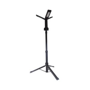 A black adjustable-height tripod music stand with a flat surface for sheet music.