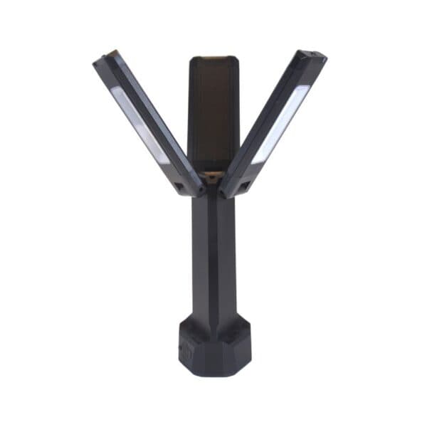 A black V-shaped UV sterilizing toothbrush holder and drying station with three arms, on a white background.