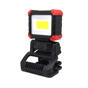 A black and red rectangular LED work light on an adjustable base.
