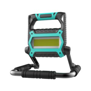 A portable LED work light with a teal and black casing, handle on top, and collapsible stand at the base.
