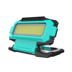 A teal and black plastic device with a yellow screen and built-in stand.