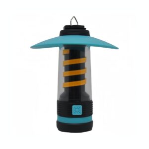 A cylindrical lantern with blue ends, a yellow spiral light inside, and a hanging hook on top.