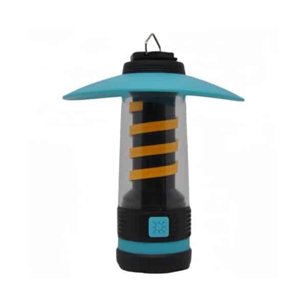 A cylindrical lantern with blue ends, a yellow spiral light inside, and a hanging hook on top.