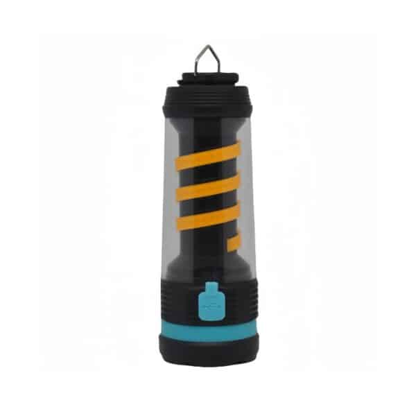 A portable lantern with a black base, transparent center housing a yellow spiral, and a top loop for hanging.