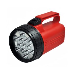 Compact 6 volt battery for flashlight, a red flashlight with a black bezel, multiple LEDs, and a top-mounted switch for easy portability.
