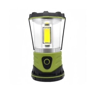 A green and black LED camping lantern with a central yellow light and a front button.