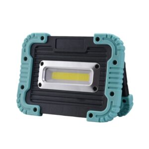 Rectangular black LED work light with teal rubber casing and stand.