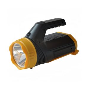 Super bright hand held spotlight. Black and yellow handheld flashlight with a large lens and grip handle.