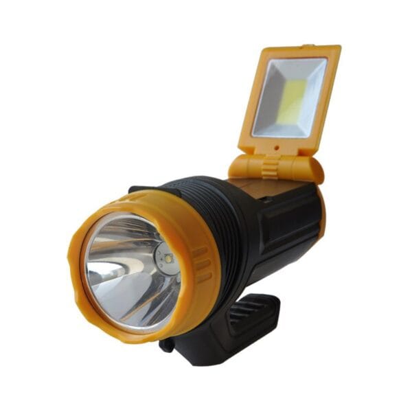 A black and yellow flashlight with a large front lens and an adjustable top panel light.