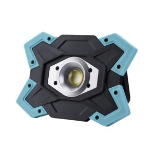 A black and teal hexagonal LED work light with a rugged design and central lens.