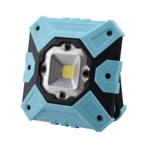 Portable LED work light with rugged black and blue casing, central light panel, and adjustable stand.