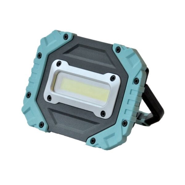 Rugged portable LED work light, gray with teal accents, and a built-in handle for easy transport and positioning.