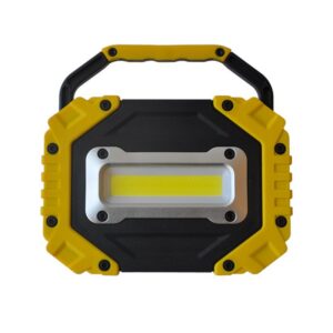 A portable yellow and black work light with a handle, featuring a bright central LED strip.