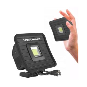MG021W-1 A hand holds a compact black LED light beside a larger 1000 Lumen LED light with a USB charging cable.