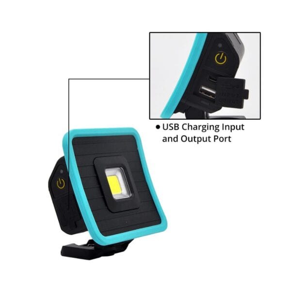 MG021W-2 Portable LED work light with blue trim, featuring USB input and output ports.