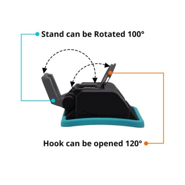 MG021W-3 Image of a multifunctional stand showcasing features: rotates 100°, hook opens 120°.