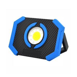 MG022W-R-1 A rectangular portable LED work light with black texture, blue trim, and a circular frame. It has a foldable black stand at the back.