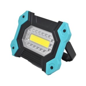 A blue and black portable LED work light with multiple LEDs around a central yellow strip on a rectangular stand.