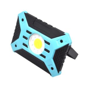 MG028W Portable LED work light with blue/black casing, round light, and foldable stand.