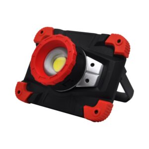 Portable LED work light with a rugged black and red casing, round lens, and foldable stand.