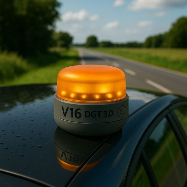 A V16 DGT 3.0 orange emergency light sits on a car roof parked by a rural road on a sunny day.