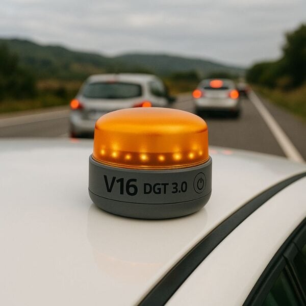 V16 DGT 3.0 emergency light on a car roof, with blurred traffic and trees in the background.