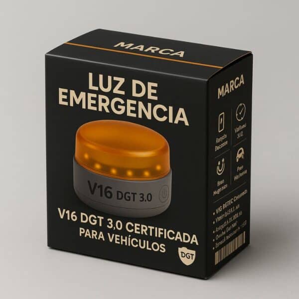 Black box labeled "Luz de Emergencia" shows an orange V16 DGT 3.0 emergency beacon, certified for vehicles.