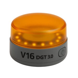 Suar kecemasan oren bulat berlabel "V16 DGT 3.0" dengan butang kuasa sisi.
