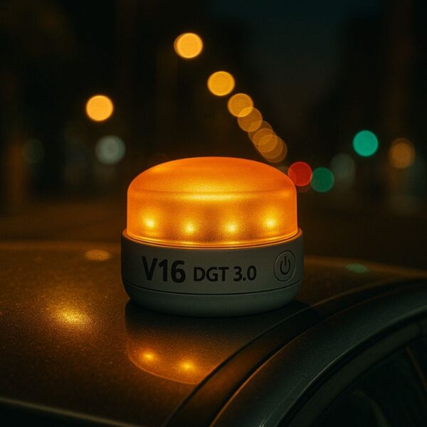 An orange V16 DGT 3.0 emergency light glows atop a car at night, city lights blurred in the background.