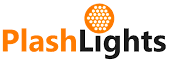 PlashLights-Logo: „Plash“ in Orange, „Lights“ in Schwarz, orangefarbener Kreis mit weißen Punkten über dem Text.