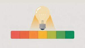 Light bulb above a horizontal scale that fades from red on the left to green on the right.