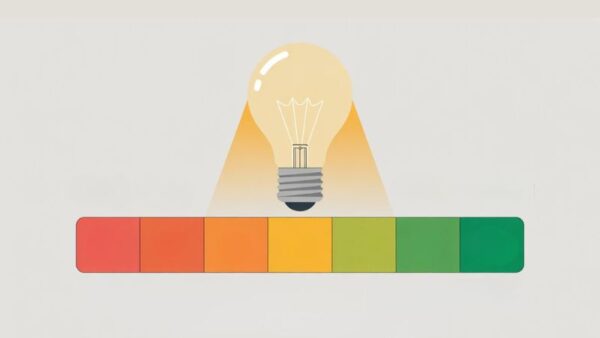 Light bulb above a horizontal scale that fades from red on the left to green on the right.