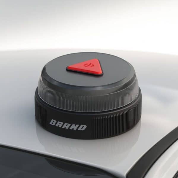 A round black V16 DGT 3.0 beacon with red triangle button and "BRAND" sits on a car roof. Enhanced safety & connectivity.