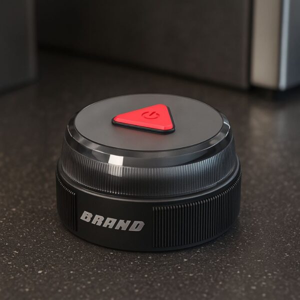 Black round V16 DGT 3.0 emergency beacon with "BRAND" label and red triangle button on a dark countertop.