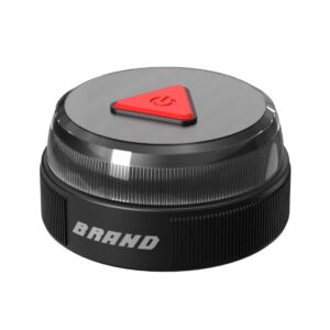 V16 DGT 3.0 beacon: round, black with ribbed edge, translucent center, red triangle button on top, “BRAND” on side.