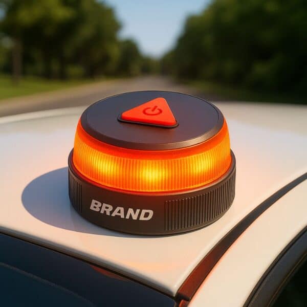 A V16 DGT 3.0 Emergency Beacon with "BRAND" label sits on a white car roof parked roadside with greenery nearby.
