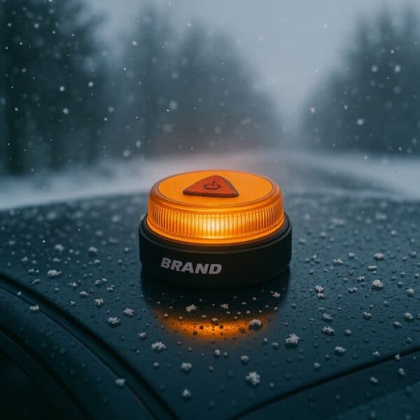 V16 DGT 3.0 emergency beacon on a snow-covered car roof by a snowy road, trees behind, for safety and connectivity.
