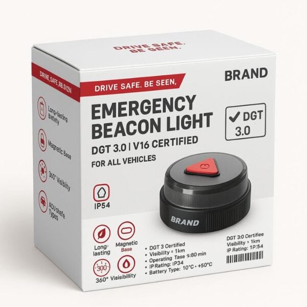 Box shows V16 DGT 3.0 Emergency Beacon Light, highlighting certification, long battery life, magnetic base, and safety features.