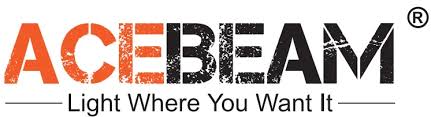 Logo ACEBEAM et slogan « Light Where You Want It » en noir et orange sur fond blanc.