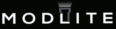 MODLITE" en capuchons blancs sur fond noir ; le "I" est un faisceau de lampe de poche.