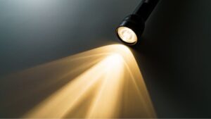 Focused beam flashlight illuminating a dark surface, highlighting LED light technology and precision lighting.