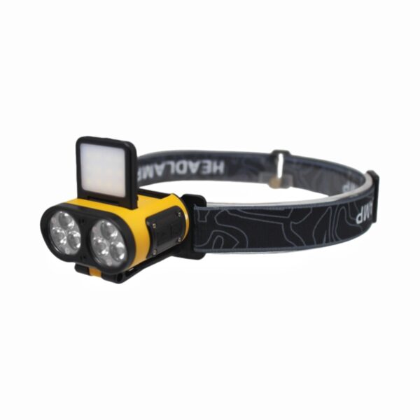 Black and yellow headlamp with adjustable strap and three front lights on a white background.