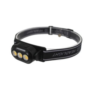 Compact 165LM headlamp with 3 LEDs, "LED HEADLIGHT" elastic band, on white background. Bulk options available.