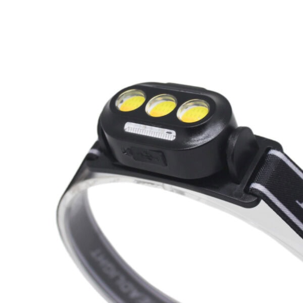 Compact headlamp with 3 LEDs, black design, adjustable strap, 165LM rechargeable—great for work or bulk orders.
