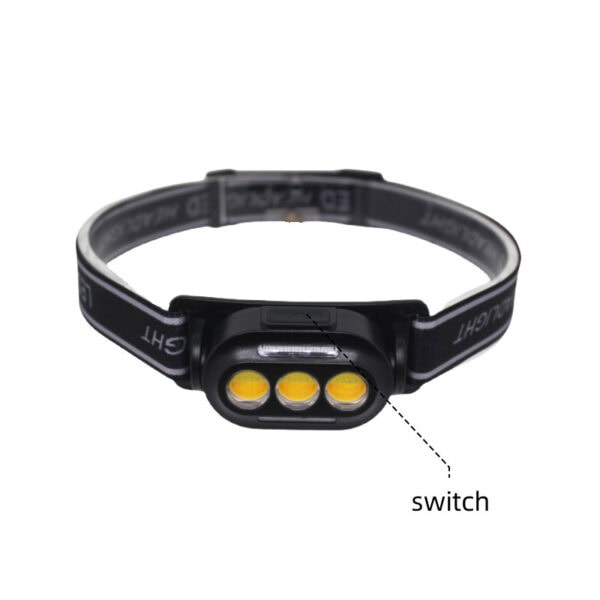 Black rechargeable headlamp with three yellow LEDs, adjustable strap, top switch. Wholesale/bulk available.