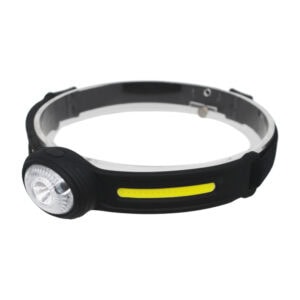 Black and silver head torch with round front light, yellow side strip, 180 lm wide beam, and motion sensor.