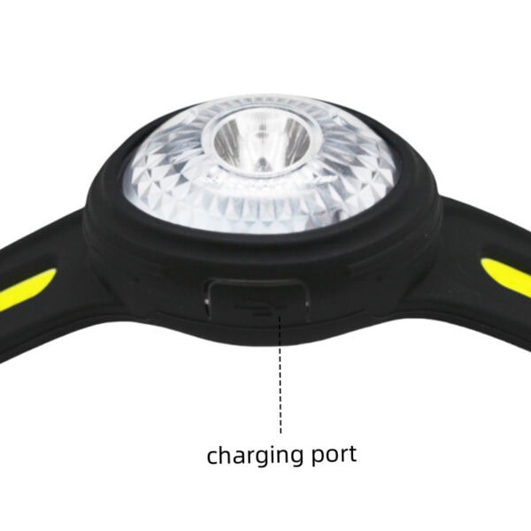 Ultralight Trail Running Head Torch close-up with textured light and side charging port label.