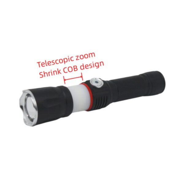 Black rechargeable COB mini lantern with telescopic zoom, red labels and lines mark the adjustable section.