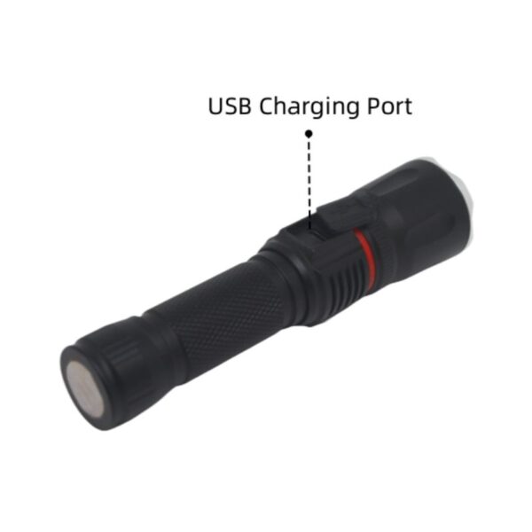 Black mini lantern flashlight with dual-beam, USB charging port labeled on the side.