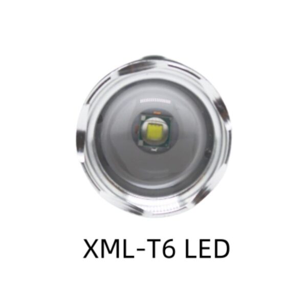 Close-up of rechargeable dual-beam mini lantern, highlighting its round LED lens.